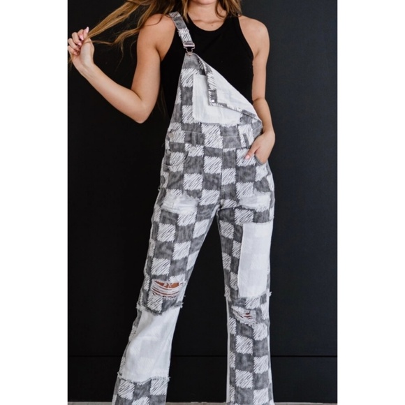 POL Black & White Distressed Patchwork Checker Pattern Overalls - Picture 2 of 9